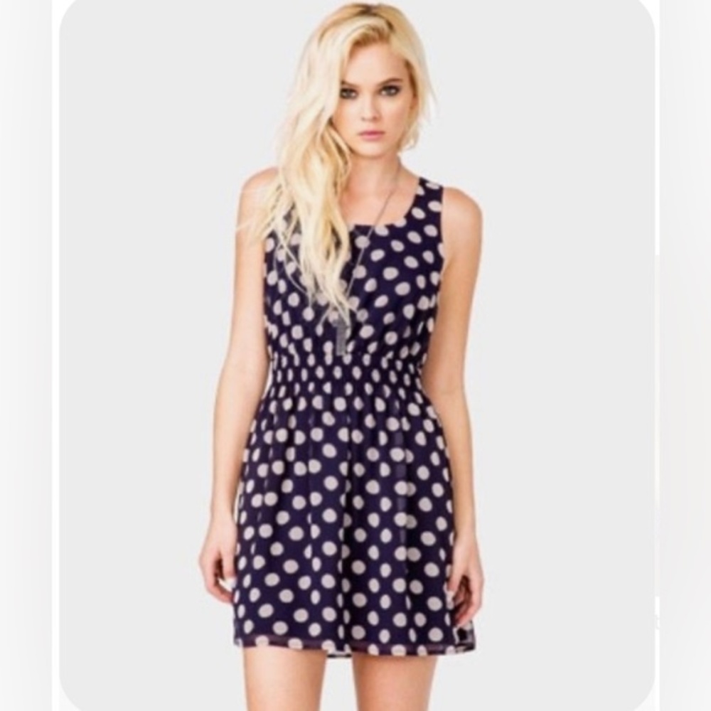 Navy and mocha polka dot smocked waist dress size small